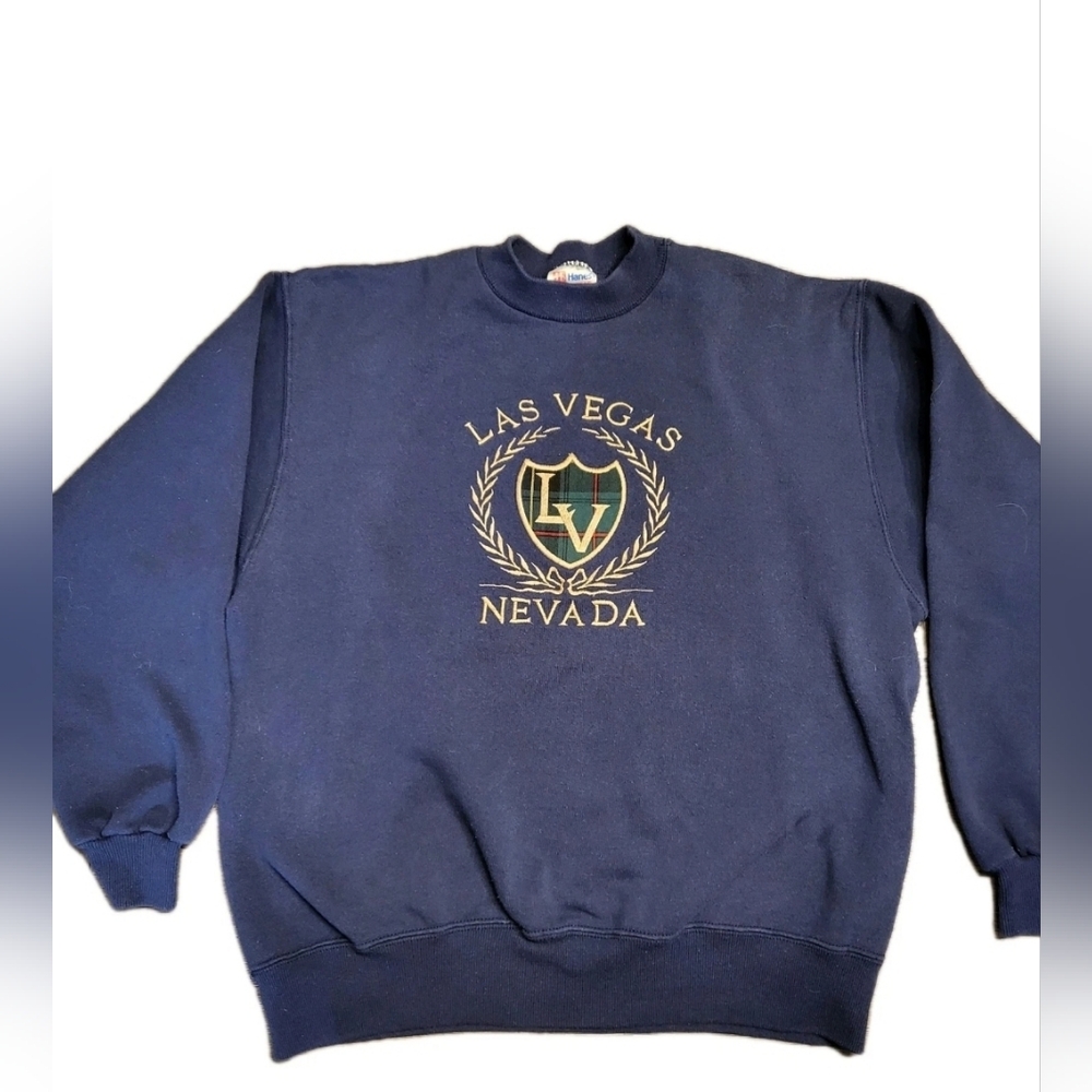 90s Blue Las Vegas Nevada Gold Laurel Wreath Plaid LV Shield Size L Made in USA